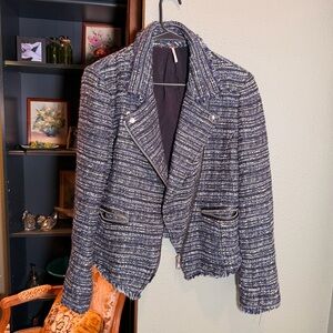 Free People Textured Moto Jacket Frayed Hem Zip Pocket Biker Jacket Size L